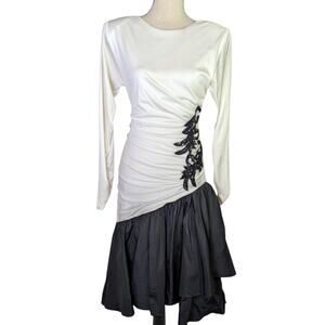 Vintage 80s Prom Dress Black White Sequin Drop Waist Party